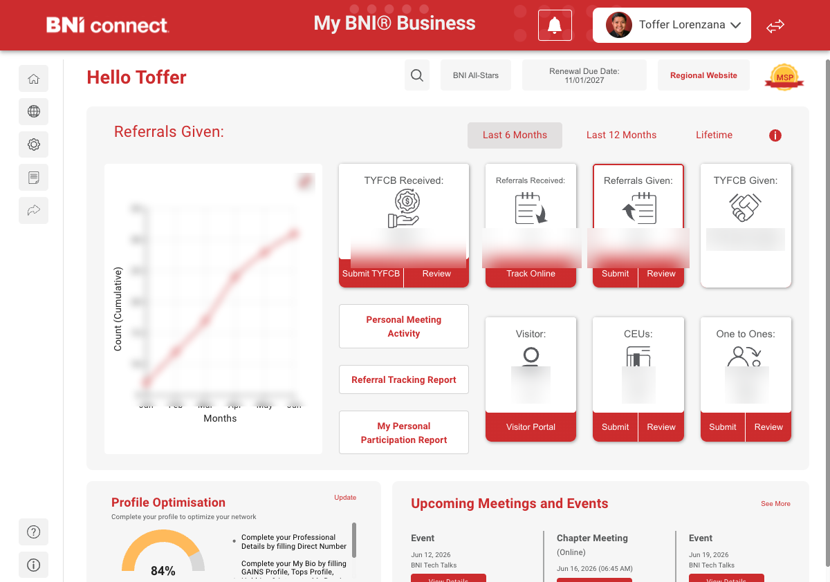 BNI Connect dashboard, name at the top right