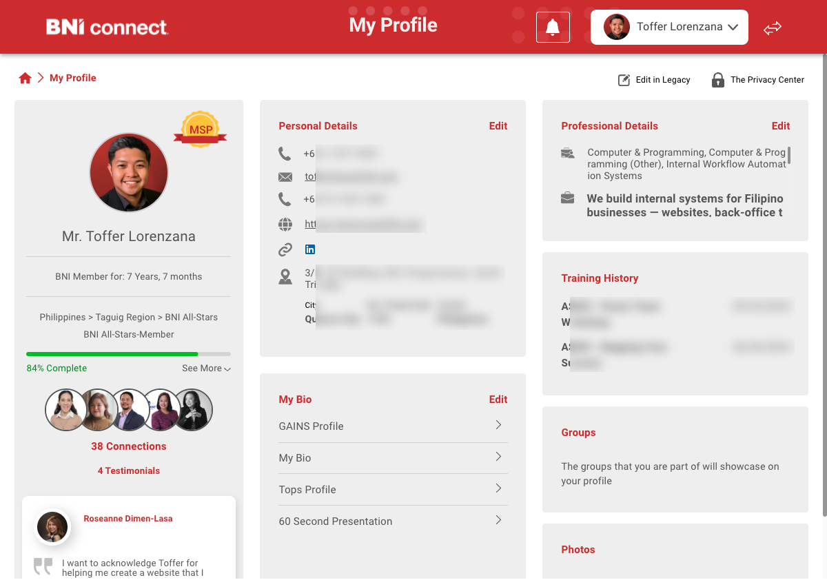 My Profile, Professional Details Edit on the right