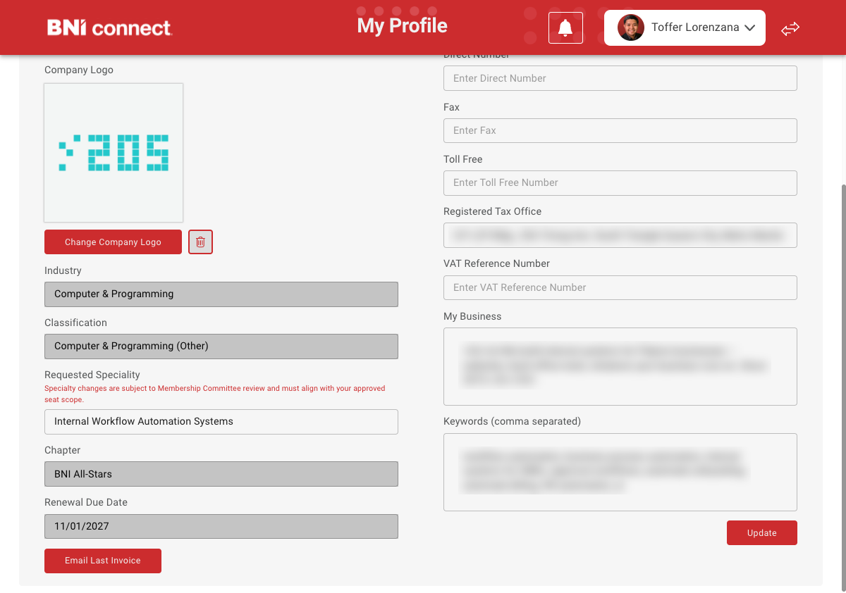 Professional Details form, My Business and Keywords