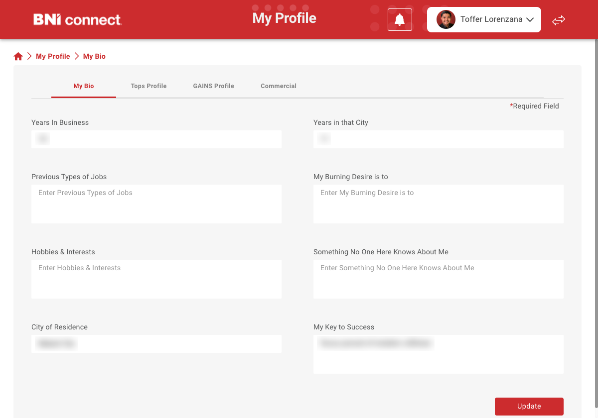 My Bio editor tabs, Tops Profile