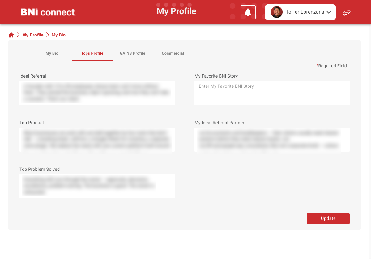 Tops Profile form, three boxes to fill